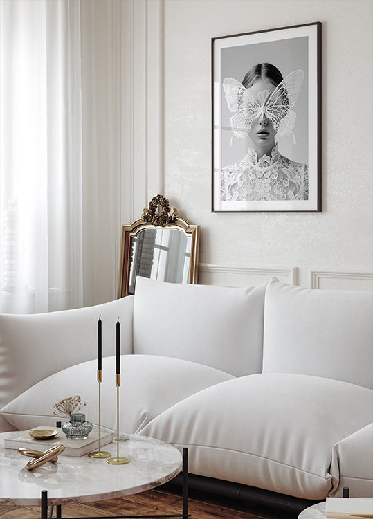 Lady in White with Butterfly Mask Poster - Posterbox.dk