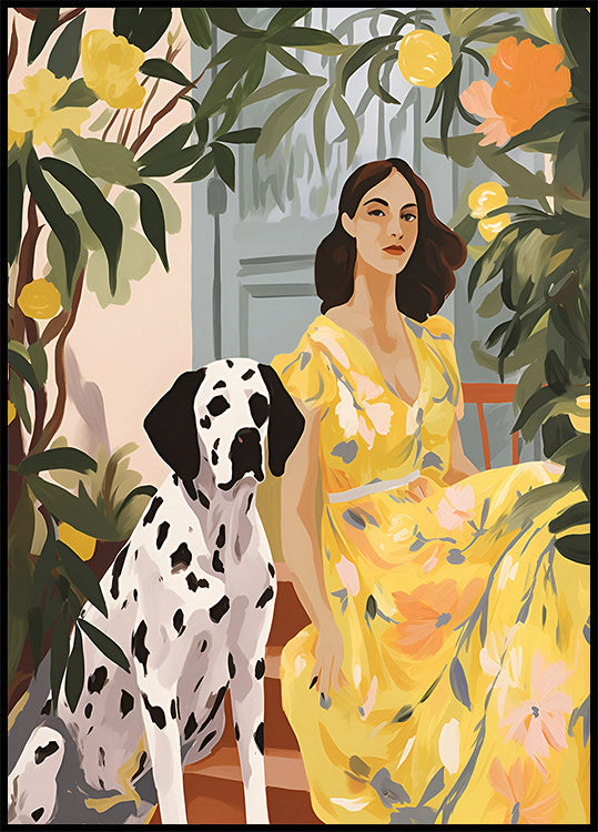 Lady in Yellow with Dalmatian, floral summer portrait Print Poster - Posterbox.dk