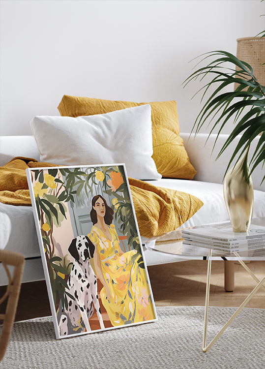 Lady in Yellow with Dalmatian, floral summer portrait Print Poster - Posterbox.dk