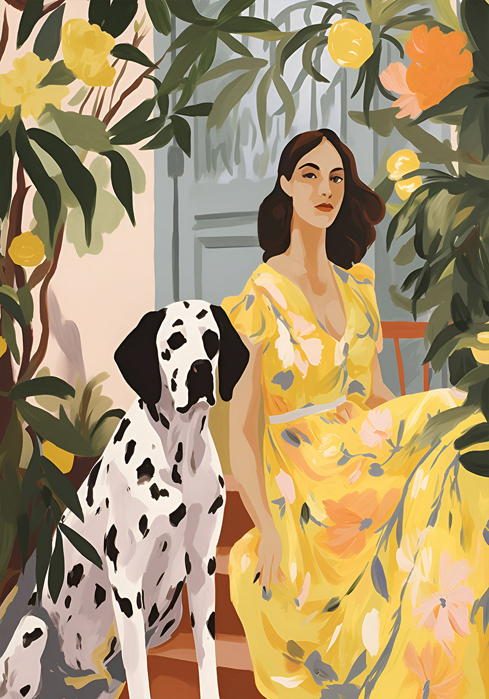 Lady in Yellow with Dalmatian, floral summer portrait Print Poster - Posterbox.dk