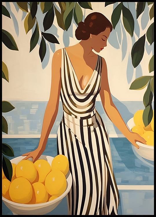 Lemon Lady, Striped Dress, Coastal Glamor Poster - Posterbox.dk