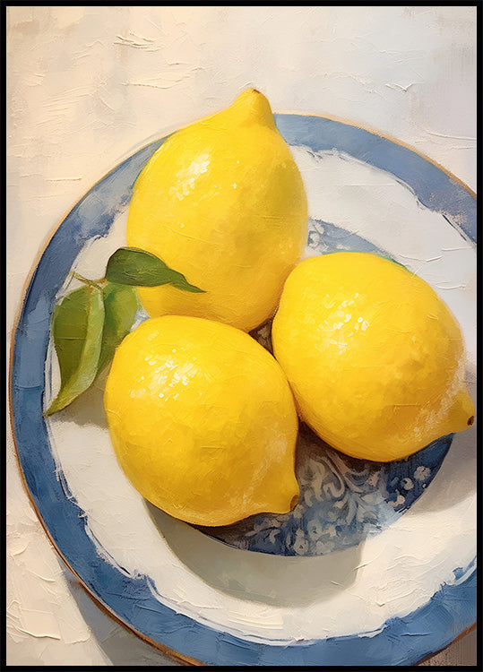 Lemon Still Life, Blue Rimmed Plate Poster - Posterbox.dk