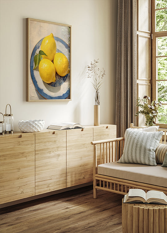 Lemon Still Life, Blue Rimmed Plate Poster - Posterbox.dk