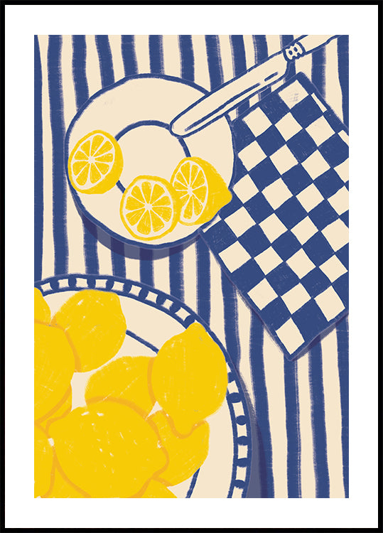 Lemon Sweetness, Playful Mediterranean Kitchen with Blue Stripes Plakat - Posterbox