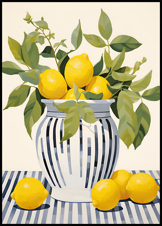 Lemons in a Striped Vase, Mediterranean Still Life Poster - Posterbox.dk