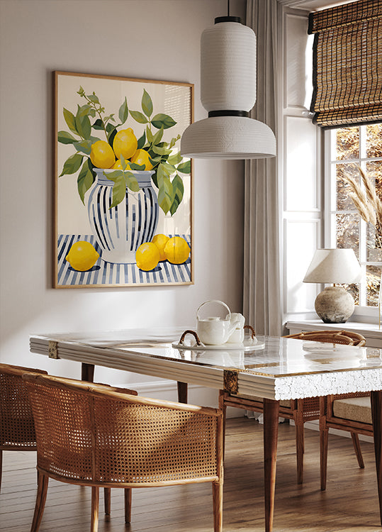 Lemons in a Striped Vase, Mediterranean Still Life Poster - Posterbox.dk