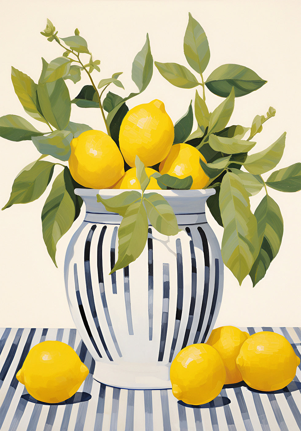 Lemons in a Striped Vase, Mediterranean Still Life Poster - Posterbox.dk