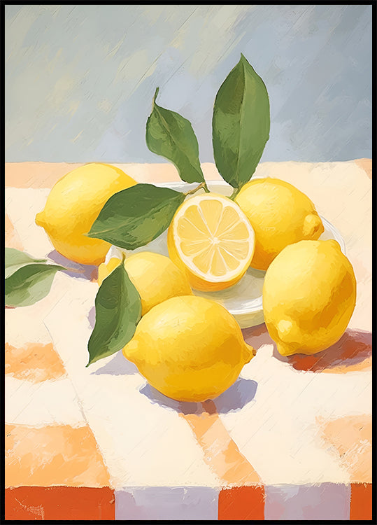 Lemons on Checkered Table, citrus fruit Poster - Posterbox.dk