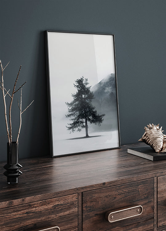 Lone Pine Tree in Foggy Field Poster - Posterbox.dk