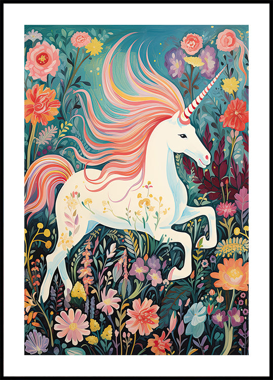 Magical Unicorn In Floral Meadow Poster - Posterbox.dk