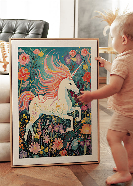 Magical Unicorn In Floral Meadow Poster - Posterbox.dk