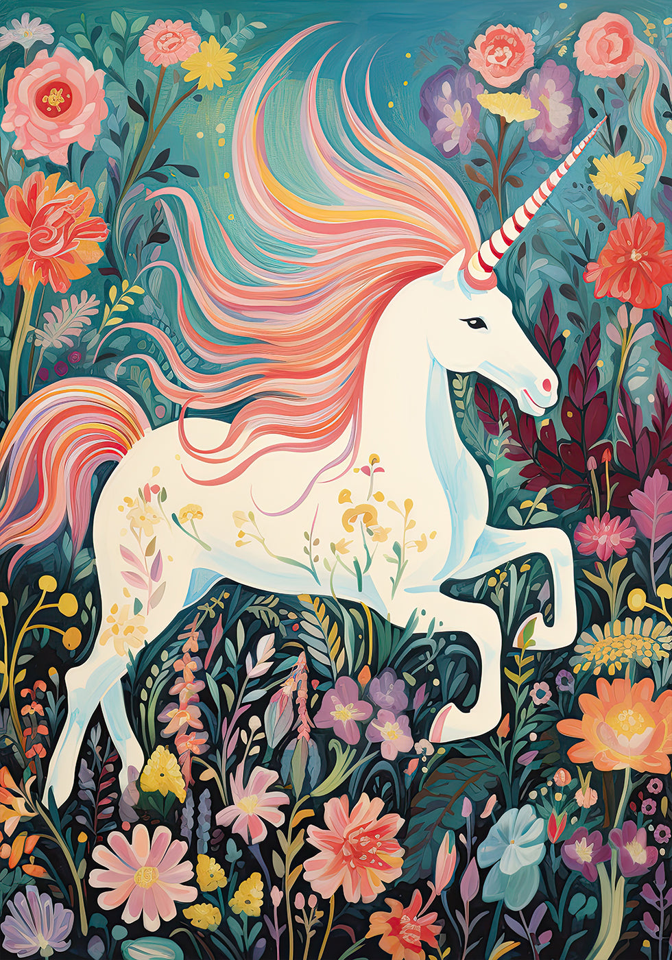 Magical Unicorn In Floral Meadow Poster - Posterbox.dk