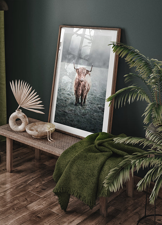 Majestic Highland Cow in Misty Field Poster - Posterbox.dk