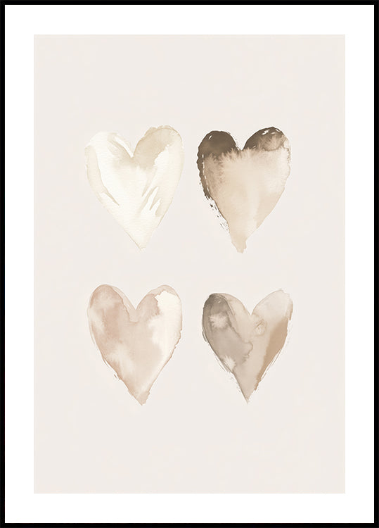 Neutral Watercolor Hearts, Beige Tones, Kids Poster - Posterbox.dk