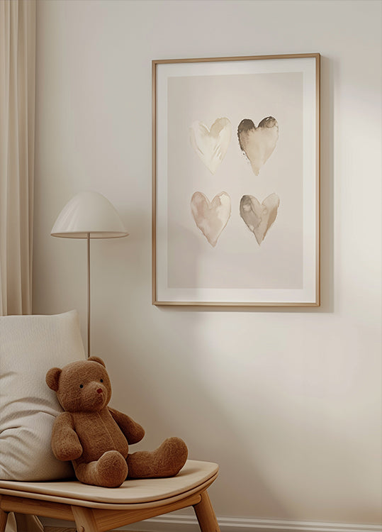Neutral Watercolor Hearts, Beige Tones, Kids Poster - Posterbox.dk