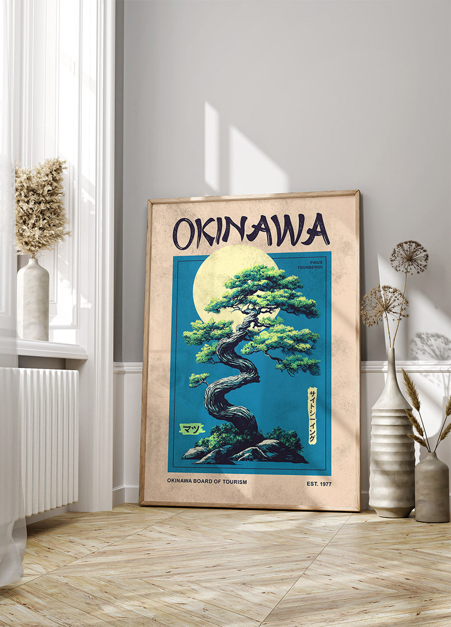 Okinawa Spirit, Stylized Pine Tree and Moon Poster - Posterbox.dk
