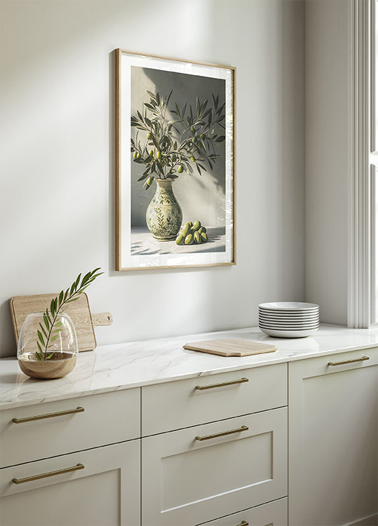 Olive Branch in Decorative Vase Still Life Poster - Posterbox.dk