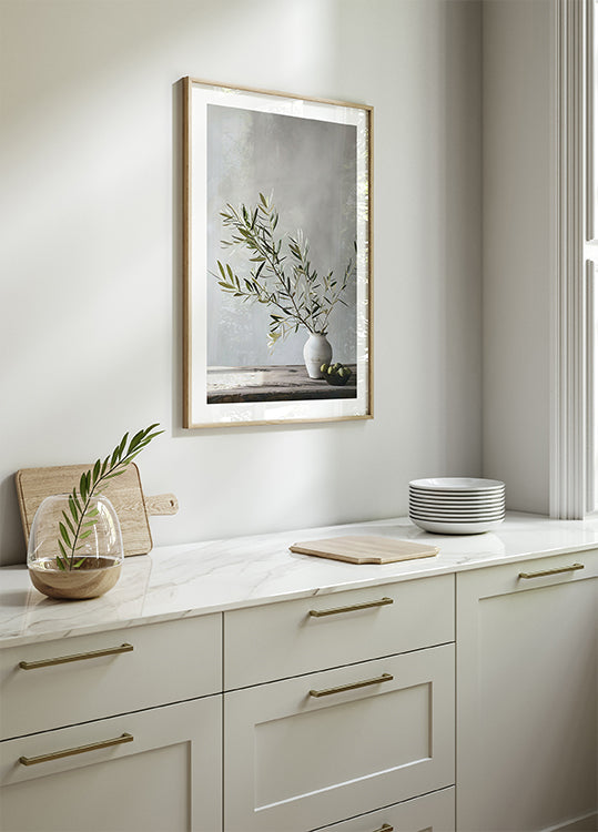 Olive Branch on Wooden Table Still Life Poster - Posterbox.dk