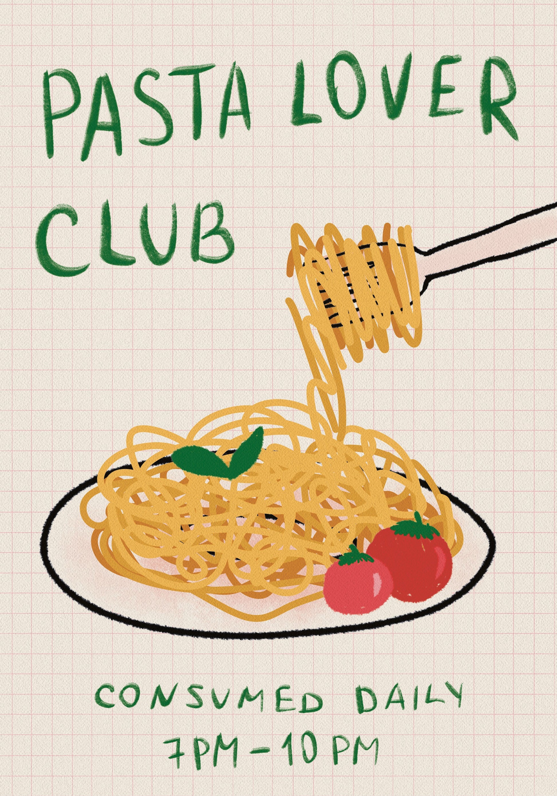 Pasta Lover Club, Hand-drawn Spaghetti Dinner Poster - Posterbox.dk