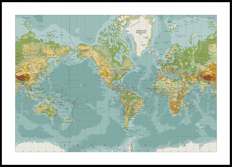 Physical World Map Poster - Posterbox.dk