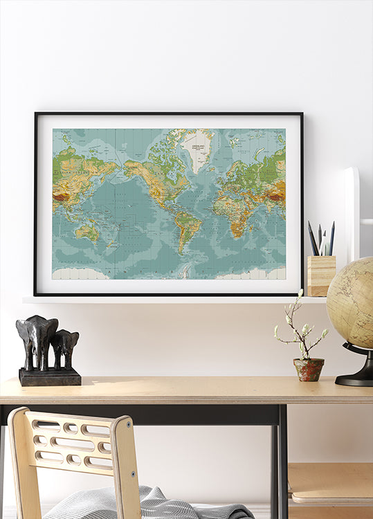 Physical World Map Poster - Posterbox.dk