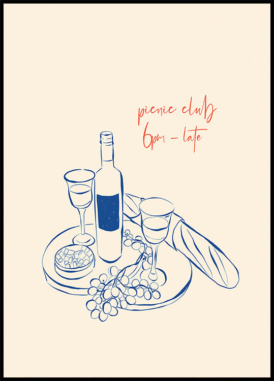 Picnic Club Print, Wine and Cheese Poster - Posterbox.dk