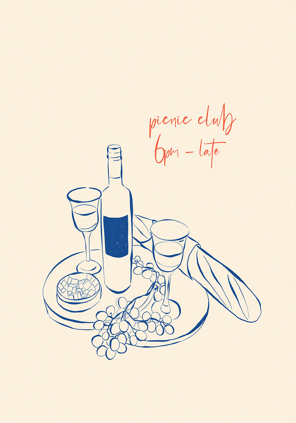 Picnic Club Print, Wine and Cheese Poster - Posterbox.dk
