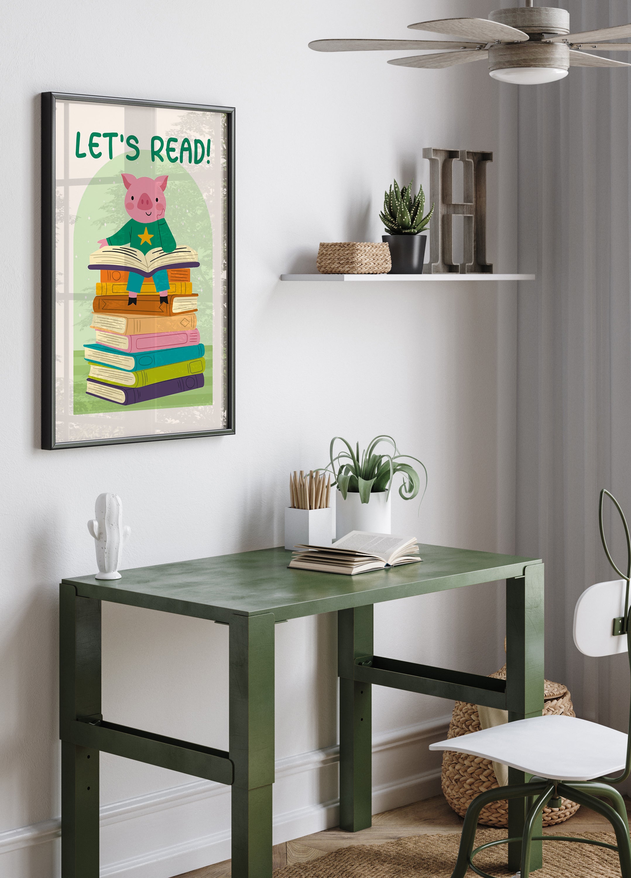 Pig Reading On Book stack, Let's Read Poster - Posterbox.dk