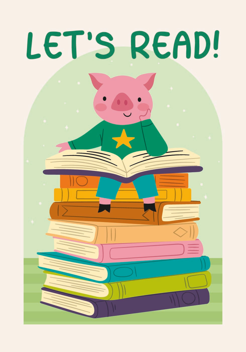 Pig Reading On Book stack, Let's Read Poster - Posterbox.dk