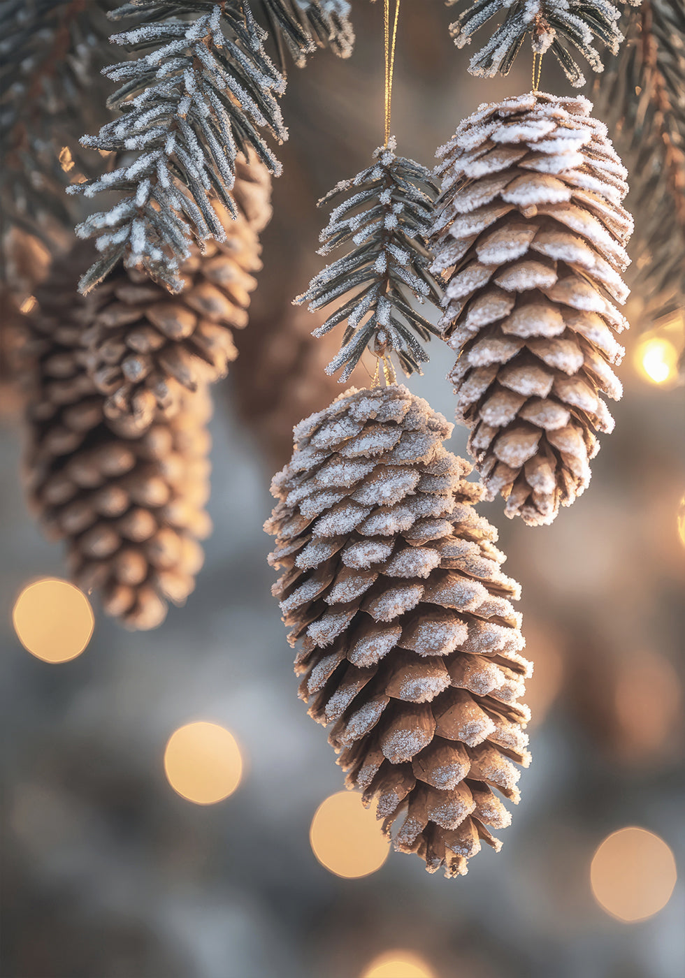 three pine cones hanging from a Christmas tree