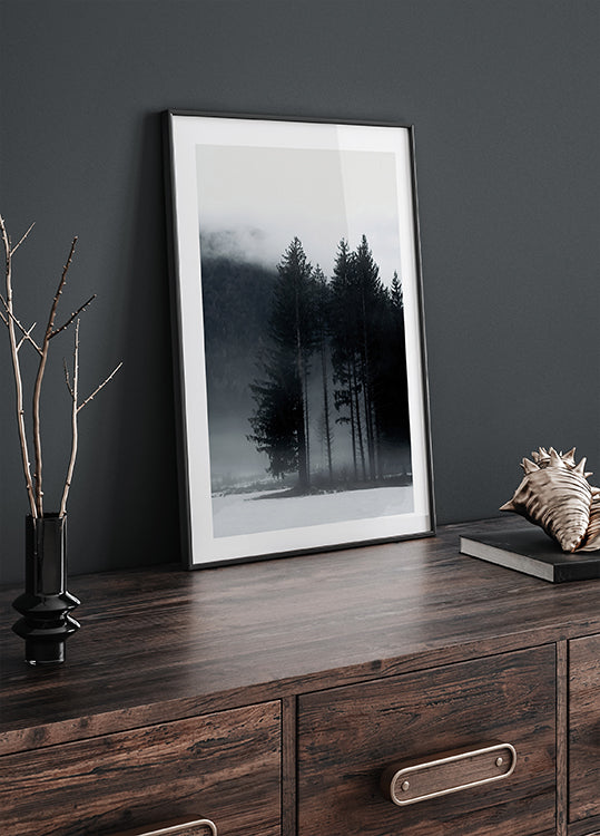 Pine Tree In a Foggy Field Poster - Posterbox.dk