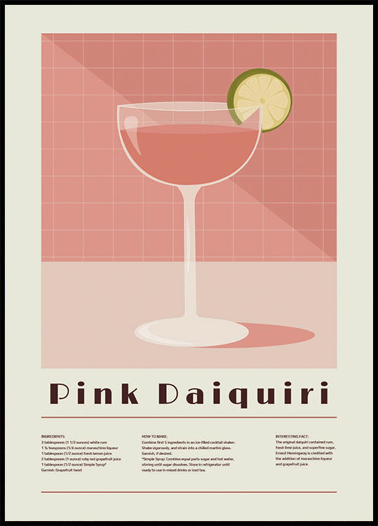 Pink Daiquiri Cocktail, Retro Recipe Plakat - Posterbox