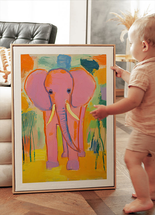 Pink Elephant In Colorful Jungle Poster - Posterbox.dk