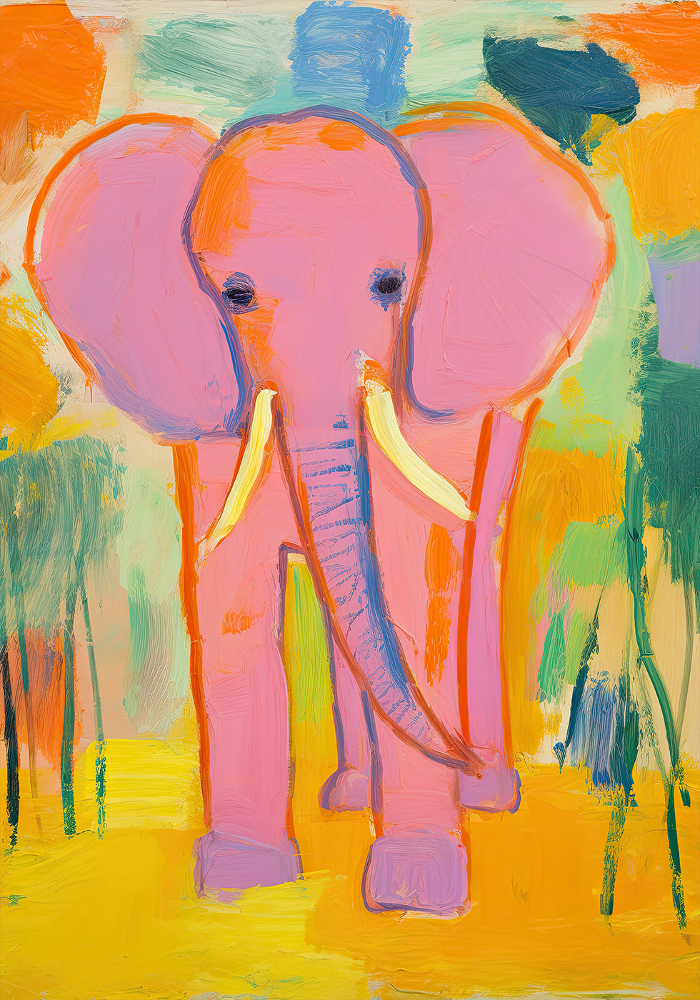Pink Elephant In Colorful Jungle Poster - Posterbox.dk