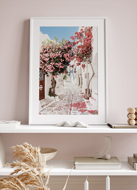 Pink Flower Trees in a Picturesque Alley Poster - Posterbox.dk