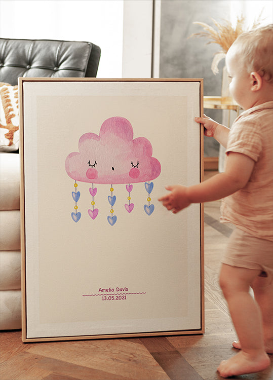 Pink Watercolor Cloud, Personalized Baby girl Poster - Posterbox.dk