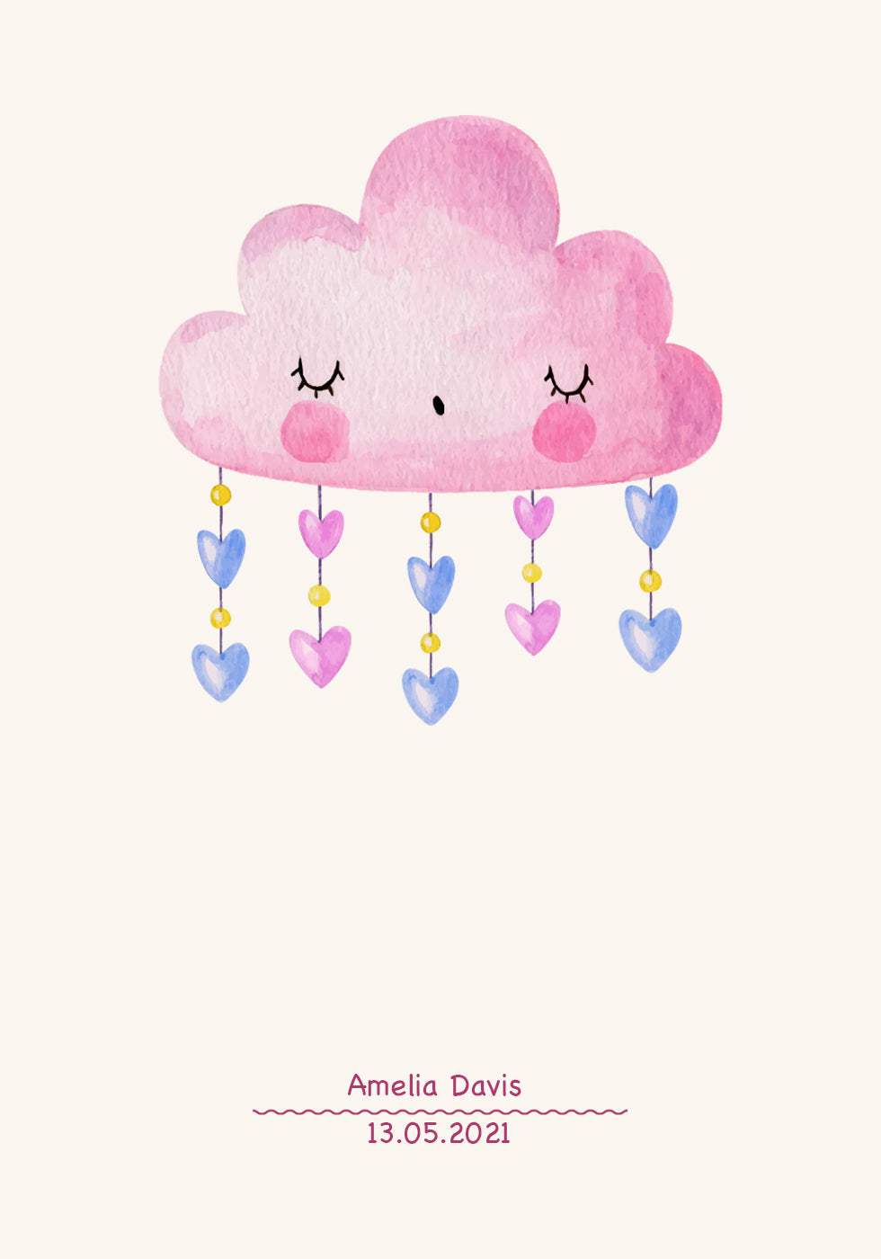 Pink Watercolor Cloud, Personalized Baby girl Poster - Posterbox.dk