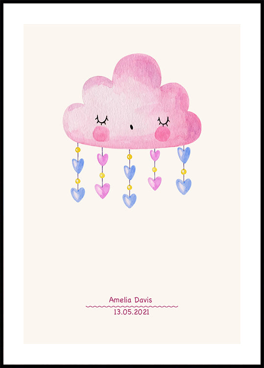 Pink Watercolor Cloud, Personalized Baby girl Poster - Posterbox.dk