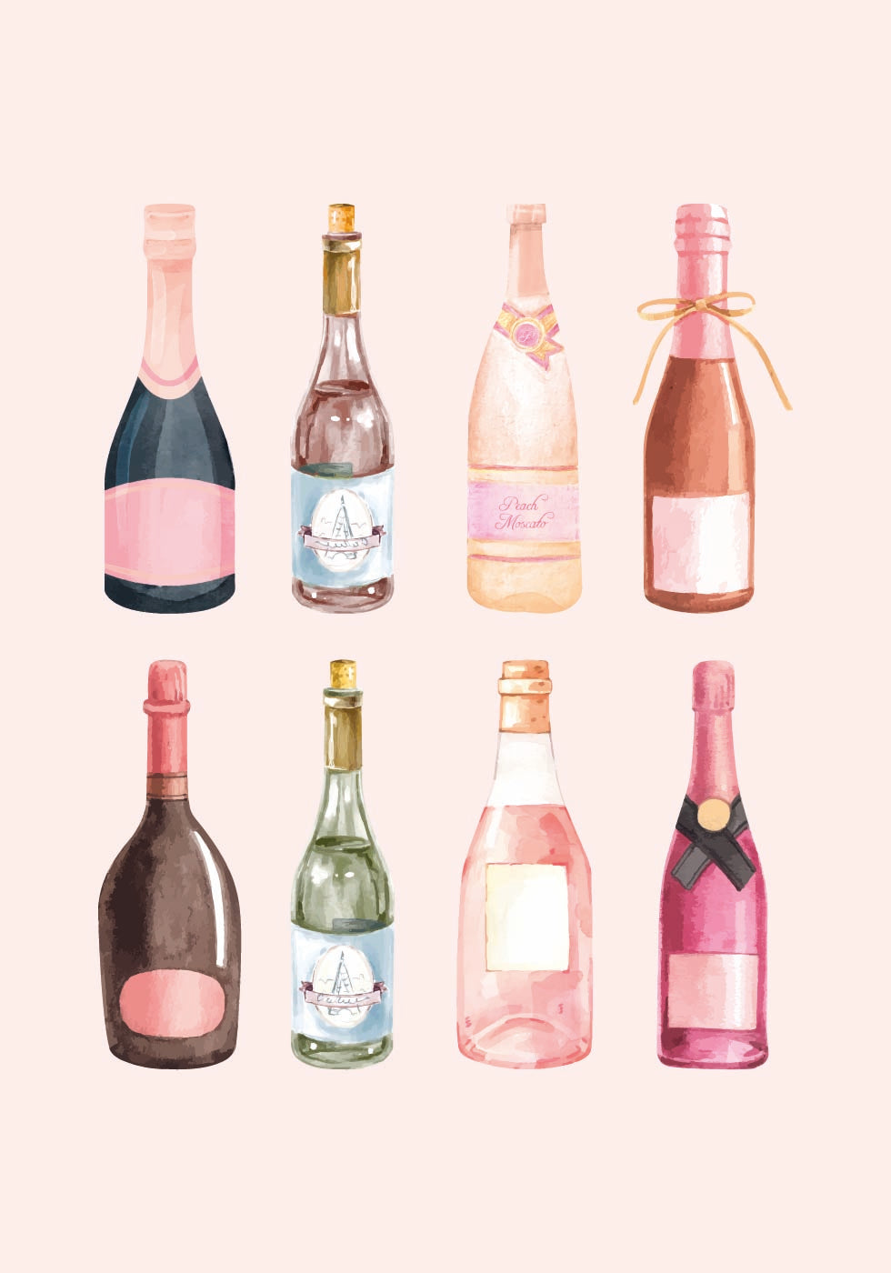 Pop the Bubbly, Watercolor Champagne Bottles Poster - Posterbox.dk