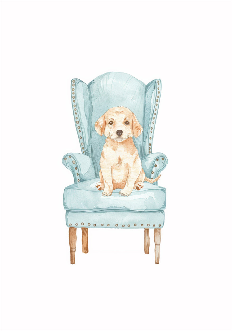 Puppy in Blue Armchair Poster - Posterbox.dk