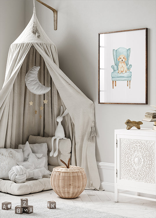 Puppy in Blue Armchair Poster - Posterbox.dk