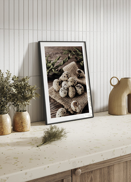 Quail Eggs on Rustic Burlap Poster - Posterbox.dk