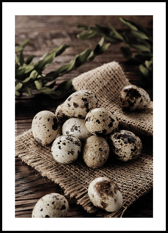 Quail Eggs on Rustic Burlap Poster - Posterbox.dk
