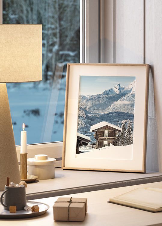 Quaint Snowy Cabin in Alpine Landscape Poster - Posterbox.dk