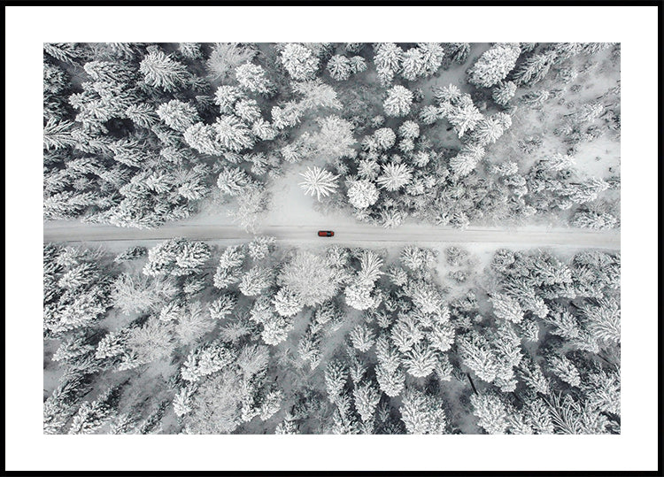 Red Car Driving Through Snowy Forest Poster - Posterbox.dk