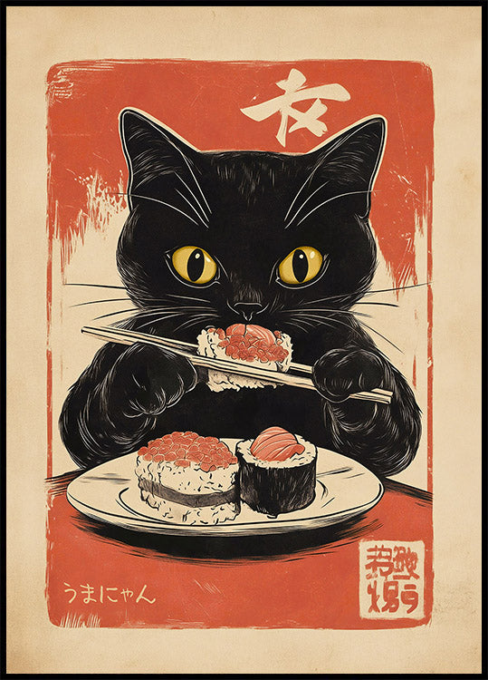 Retro Sushi Feast, Hungry Cat Artwork Poster - Posterbox.dk