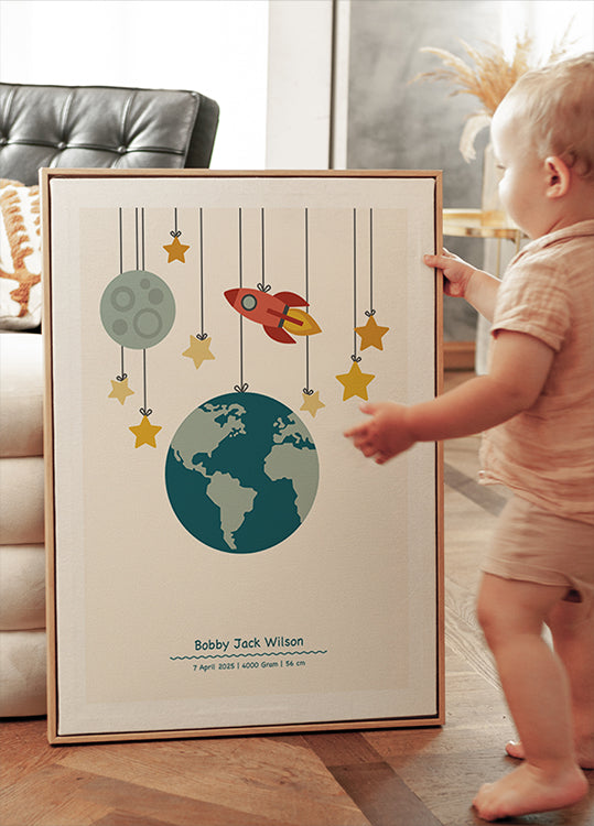 Rocket And Planets, Personalized Baby Boy Poster - Posterbox.dk