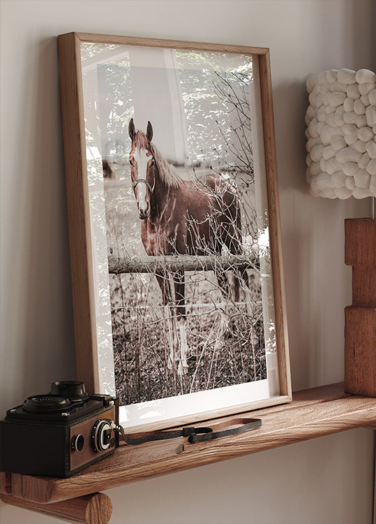 Rustic Brown Horse in Pastel Countryside Poster - Posterbox.dk