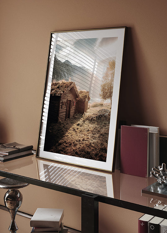 Rustic Houses at Sunset by Lovatnet Lake Poster - Posterbox.dk