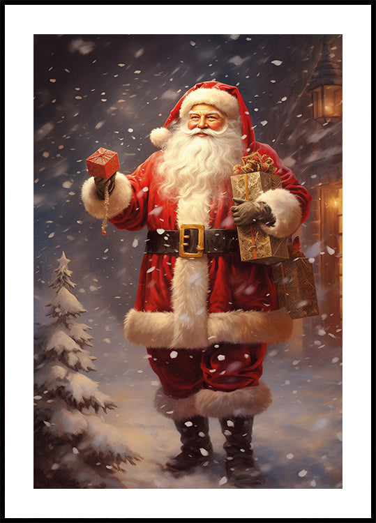 a painting of a santa claus holding a present